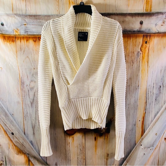 American Eagle Outfitters Sweaters - American Eagle Ivory Chunky Surplice Shawl Neck Sweater